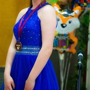 gorgeous blue, high neck,grade 8 dress, with sliver jewels